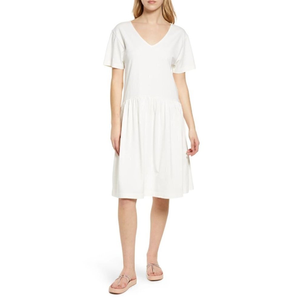 NWT Melrose & Market Seamed T-Shirt Drop Waist Dress Ivory Small Organic Cotton